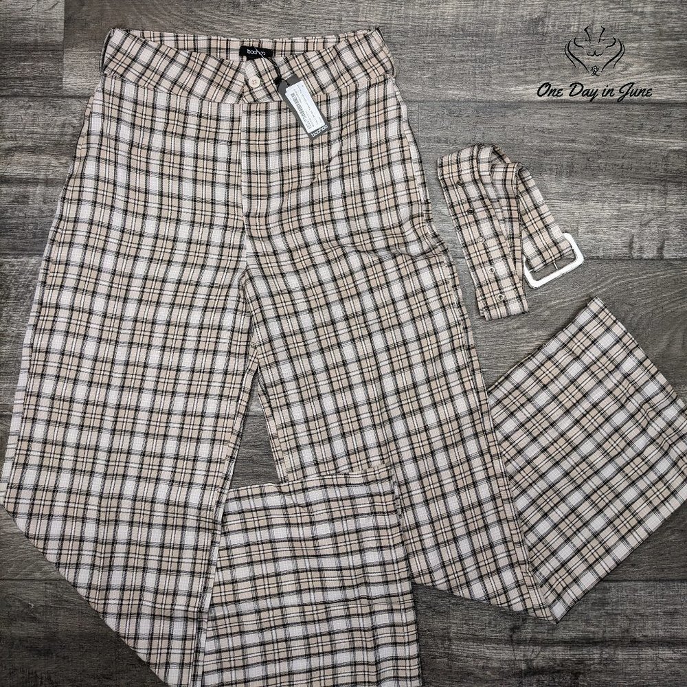 Boohoo Beige Plaid Wide Leg Pants with Matching Belt